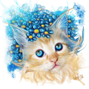 Création digital Artwork d'un chat roux avec des fleurs bleues