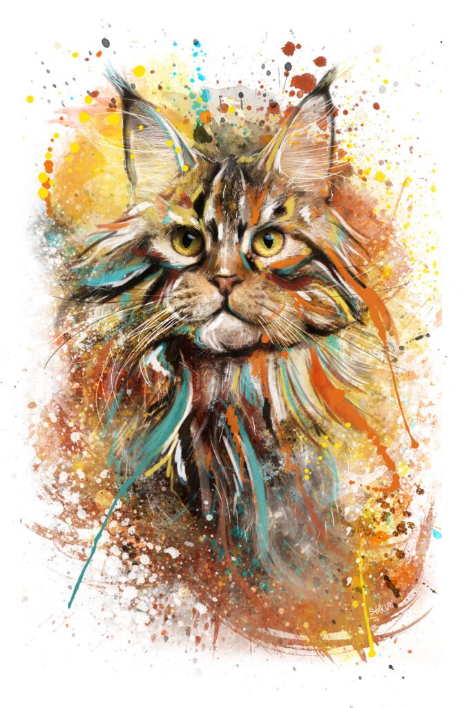 Création artistique digitale artwork d'un chat de race Maine Coon à partir d'une séance photo en studio sur Sénas, inspiration de peinture orange, bleu et jaune