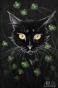 Art digital St Patrick chat noir avec trèfles à 4 feuilles verts
