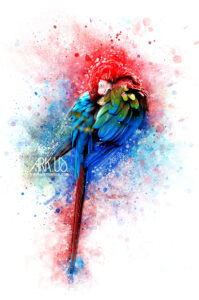 Art digital décoration murale originale perroquet coloré rouge bleu et vert avec tâches de peinture