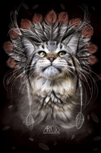 Art digital d'un chat Maine Coon inspiré d'une coiffe d'Amérindien avec des plumes rouges et blanches dessinées