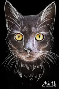 Art digital dessin d'un chat gris aux yeux jaunes