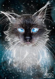 Art digital d'un chat type siamois yeux bleus sur fond de galaxie