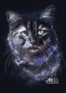 Digital Artwork d'un chat gris smoke à partir d'une photographie dan des tons violet