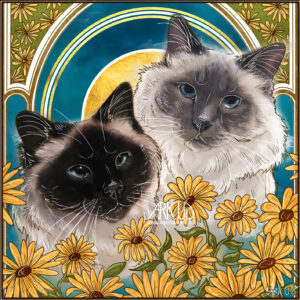 Art digital avec influence Mucha en hommage à deux chats sacrés de birmanie