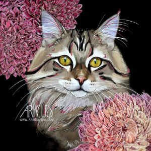 Digital Artwork d'un chat sibérien influence tatouage japonais