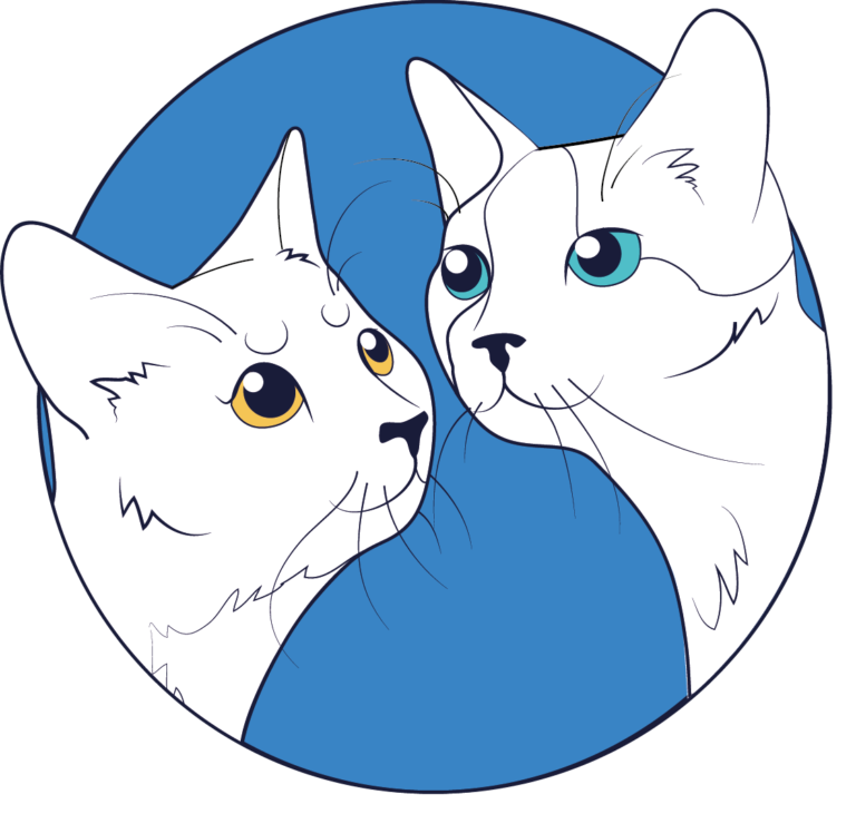 Création d'un logo avec deux chats dessinés sur fond bleu pour une comportementaliste