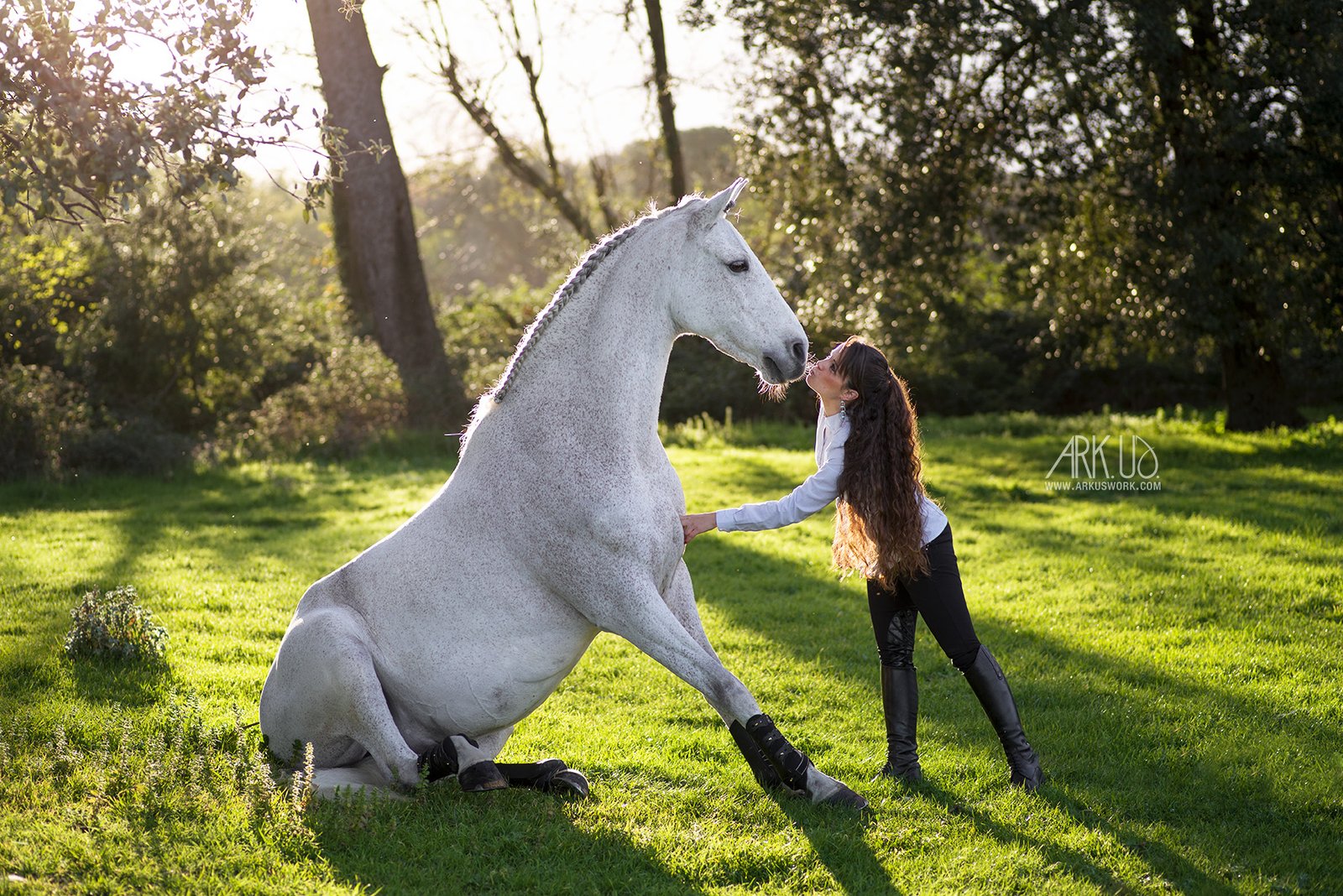 Cheval blanc moucheté au soleil couchant entouré de verdure et recevant un bisou sur le museau par son humaine aux longs cheveux bouclés