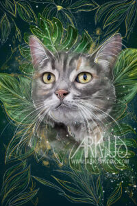 Création digitale avec des feuilles et un chat