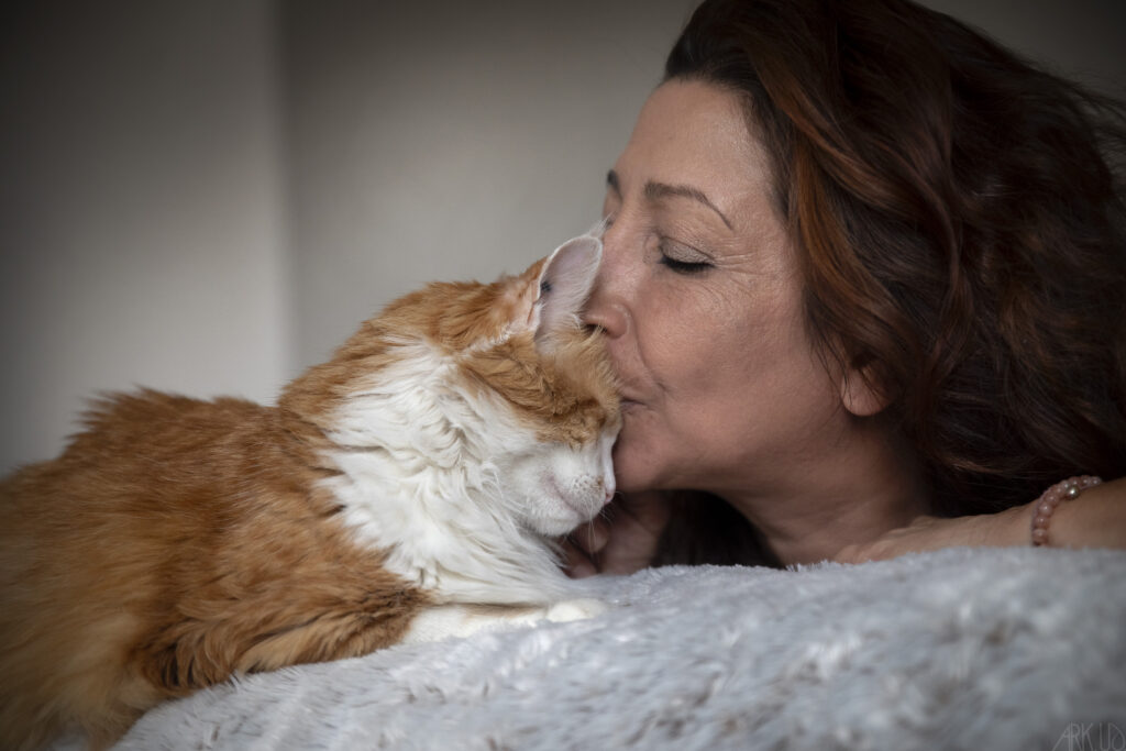 Une femme embrasse tendrement son chat roux et blanc